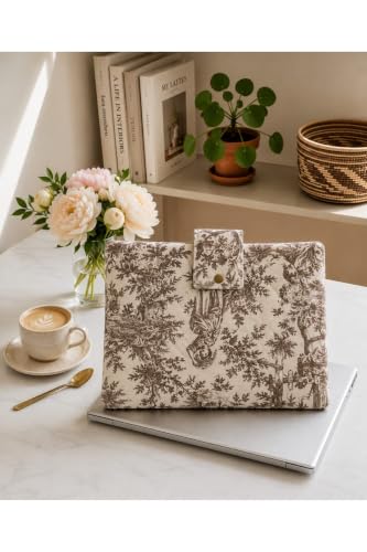 Handmade Toile Pattern Quilted Laptop Sleeve for 14-inch Devices | Coffee | M Size | Water-Resistant Fabric with Soft Lining | Multiple Pockets for Accessories | Appropriate for Everyday use & Office