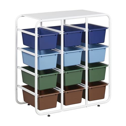 ECR4Kids 4-Tier Storage Rack with 12 Cubby Bins 4x3, Multipurpose Organization, Earthtone