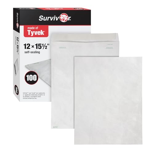 Quality Park Survivor Tyvek Envelopes, 12" x 15-1/2", Made with Lightweight and Strong DuPont Material, Peel and Seal Closure, White, 100 Per Box (QUAR1790)