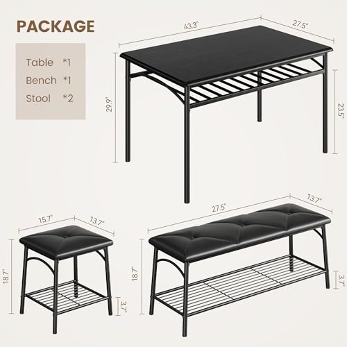 MOVECOM Dining Table Set for 4, 4-Piece Kitchen Table Set with Upholstered Bench & 2 Square Stools, Metal Frame Dinette Set with Storage Shelves, Space-Saving Dining Furniture for Small Spaces, Black