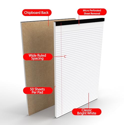 E-CLIPS USA Notepads, Legal Pads, Note Pads 8.5 x 14, Legal Wide Rule Notepad, White, Chipboard Back, Writing Pad, Office Supplies, 50 Sheets Per Pad (12 Pack)