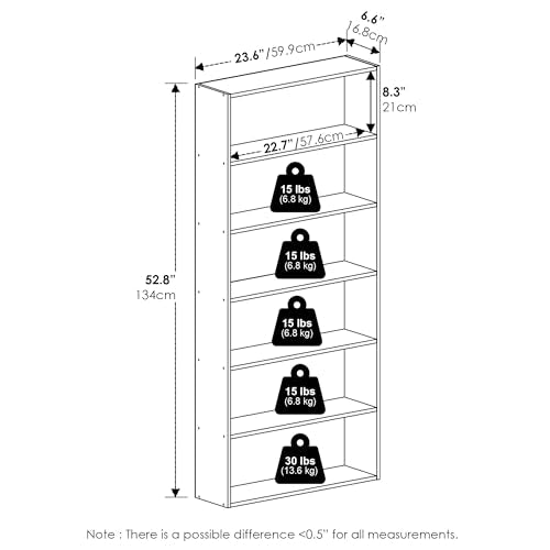 Furinno Basic Book Shelf, 6-Tier Bookcase with Open Shelf, Bookshelf, Cube Storage Organizer, 7 x 24 x 53, for Living Room, Bedroom, Home Office, White