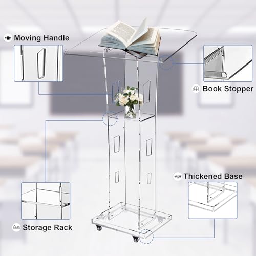 Acrylic Podium Stand - 42.5” Clear Pulpit with 15 Adjustable LED Colors and Storage Shelf - Perfect Lectern Ideal for Churches, Conferences, Classrooms, Weddings, and Events (with Wheel)