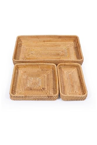 SODEF Handmade Woven Rattan Drawer Organizer Set, 3 Piece, Beige - Natural