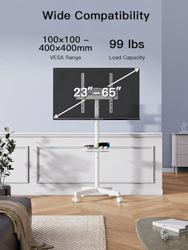 PERLESMITH Rolling White TV Stand for 23–65 Inch TVs up to 99 lbs, Portable TV Stand on Wheels with Height Adjustable Shelf, Outdoor Mobile White TV Cart for Bedroom, Max VESA 400x400mm, PSTVMC04W