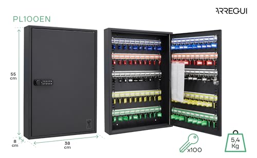 ARREGUI PL100EN Key Cabinet with 100 Adjustable Hooks, Steel Key Box with IP65 Electronic Lock, Key Cabinet with Combination Lock, Programmable Codes, 55 x 38 x 8 cm, Black