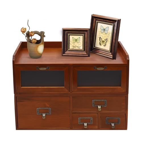 Vintage Wood Desktop Organizer, Wooden Storage Box, with 6 Drawers, Storage Drawers for School & Office Supplies