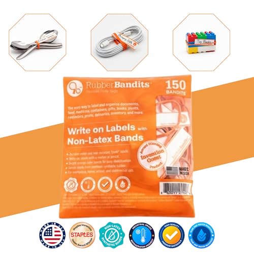 Rubber Bandits Non-Latex Rubber Bands with Writable Labels – Orange #33 Bands for School, Office, Medical, Crafts, Cable, Gardening Tools, Fishing Gear, Kitchen Use – Washable, Latex-Free & Reusable – 150 Ct