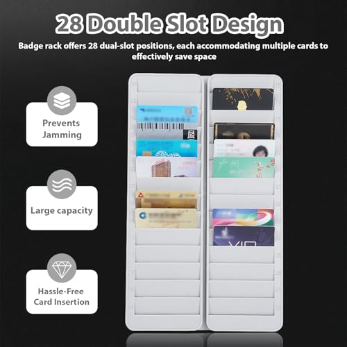 Employee ID Badge Wall Rack 28 Double Slots, 6 1/4 in Slot Depth Time Card Holder with Screws, Business Cards Display Prevents Jamming