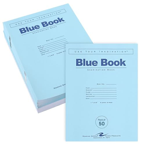 ROARING SPRING Exam Blue Books, 50 School Examination Booklets, 11" x 8.5", 8 Sheets/16 Pages, Wide-Ruled with Margin Student Testbook, Made in USA