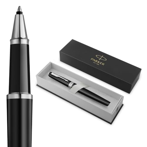 PARKER Meridian Rollerball Pen | Matte Black Lacquer with Chrome Trims | Fine Nib | Handwriting Pens & Stationery Supplies | Black Ink | Luxury Gift Box