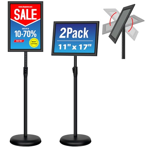 VAIIGO Adjustable Sign Holder Stand - 2Pack 11x17 Inch Pedestal Poster Sign Stand, Heavy Duty Floor Standing Sign Stand Aluminum Snap Open Frame for Church Business Store Sign Holder Stands (Black)