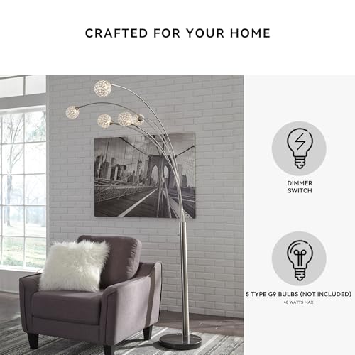 Signature Design by Ashley Winter Contemporary 95" Metal and Black Marble Floor Arc Lamp with 5 Lights & Dimmer Switch, Silver