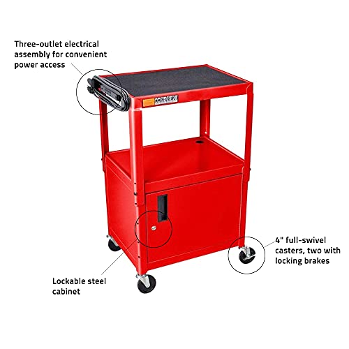 LUXOR AVJ42C-RD Steel AV Cart with Adjustable Height and Storage Cabinet, Multipurpose Utility Cart, 24" to 42" Height, 3 Outlet Electrical Assembly, Red