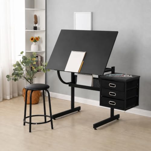 ZGLGKL Wood Adjustable Drafting Table with 3 Drawers (Black,35.42")