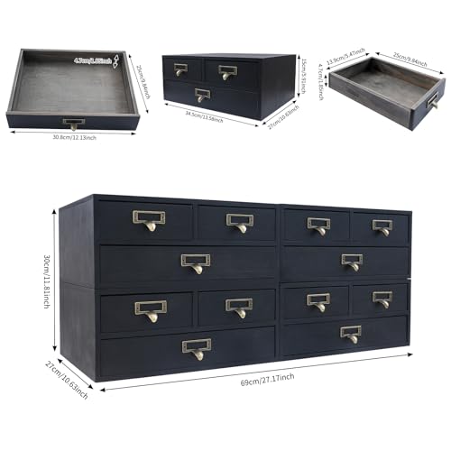 Wooden Desktop Organizer, 3 Tier Tabletop Storage Cabinet with 12 Drawers Composable Four-Piece Set & Metal Handles Modular Stackable Desktop Apothecary Cabinet for Home Offices Schools (Black)