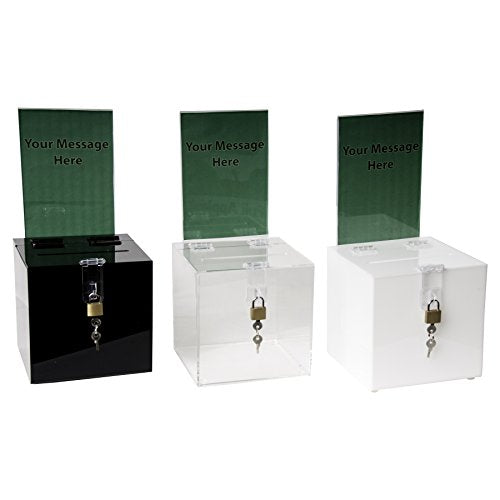 Clear-Ad - Acrylic Donation, Ballot, Raffle or Suggestion Box with Lock and Sign Holder - Plastic Comment or Compaint Container - Plexiglass Multipurpose Box with Slot - White (8x8)