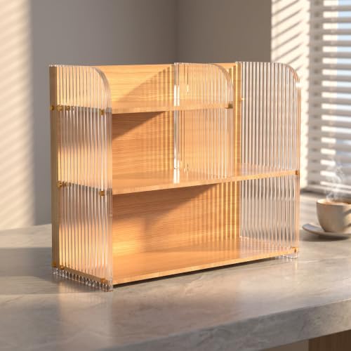 SLMPRTK Book Organizer Multi-Layer Density Board Small Bookshelf Storage Rack Desktop Acrylic Bookshelf Organizer for Home Office School Compact Book Rack Display 50x22x37cm