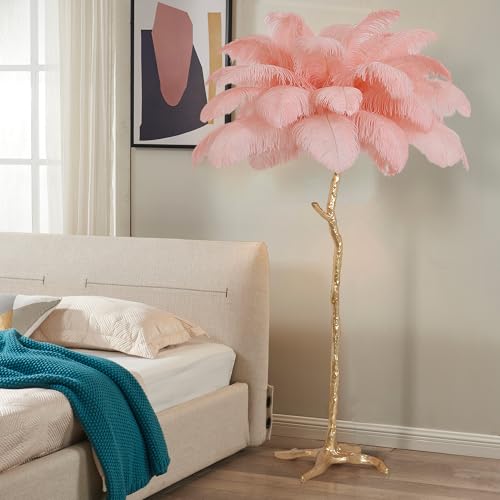 MAYOLA Luxury Resin Ostrich Feather Lamp, 35 Pieces Real Ostrich Feathers,Floor Light for Living Room, Bedroom and Office 67” Tall Feather Lamp(Pink, Floor Lamp)