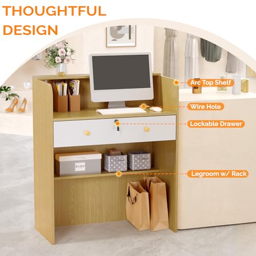 OmySalon Reception Desk with Counter, Small Front Desk w/Lockable Drawer, Wooden Modern Reception Table for Salon Lobby Office Home (Original Wood, 32)