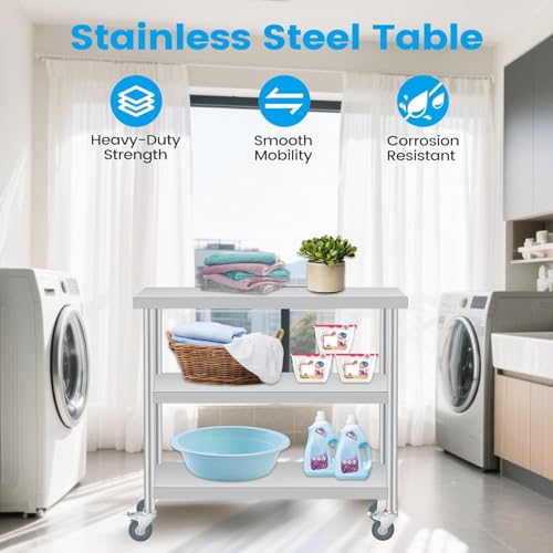 PrecisionAuto Stainless Steel Work Table, 14x36x34 Inch, 3-Layer Commercial Utility Table with Lockable Wheels, Heavy Duty Metal Prep Station for Kitchens, Restaurant, Home, Hotel