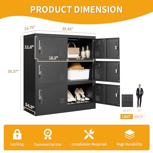 VIYET Metal Lockers for Employees, Storage Employee Locker, 72" Storage Lockers with Shelves Steel Cabinet for Home (Black, 6 Door)