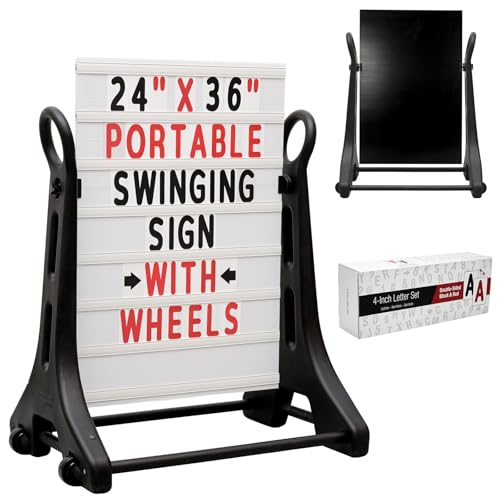 24 x 36 Inch Rolling Swinging Changeable Message Sidewalk Sign, Black, Plastic Storefront Display Sign, Outdoor Business Advertising Board