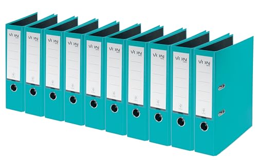 VON Leitz A4 Binder, Pack of 10, Cardboard with Plastic Cover, 80 mm Spine Width, for 600 Sheets, Blue Angel and FSC Certified for School, Study and Home, Turquoise, 10550052