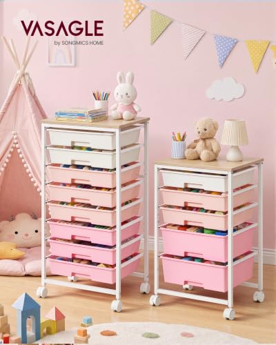 VASAGLE Rolling Cart with Drawers,5 Drawers Storage Cart, Pink