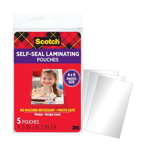 Scotch Self-Sealing Laminating Pouches, 4 x 6 Inches, 30 Pouches (6 Packs of 5) – Gloss Finish, Photo Safe, No Machine Needed (Cold Laminating Sheets)