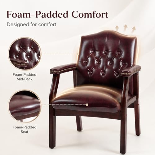Elyveont Burgundy Leather Office Reception Chair No Wheels with Arms, Guest Waiting Room Chairs with Padded Seat, Executive Side Lobby Chair for Conference, Church, Pastors