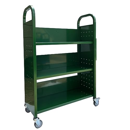 Workington Rolling Book Truck Book Cart with 3 Flat Shelves, Library Book Cart with Swivel Lockable Casters 3001 Green