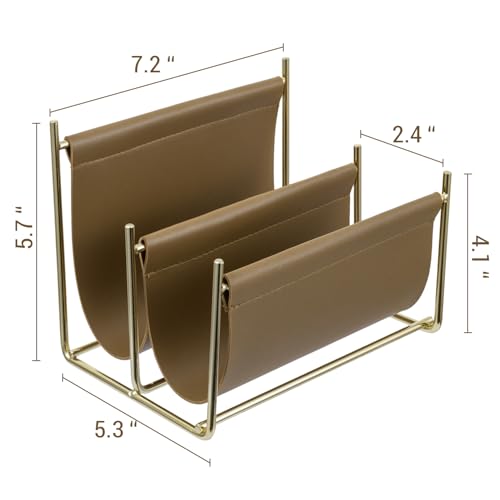MyGift 2 Slot Modern Mail Holder, Deluxe Brass Tone Metal and Toffee Brown Leatherette Sling Entryway or Desktop Tabletop Letter Sorter