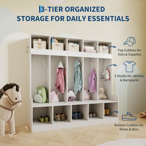 LALFPET 5-Section Cubby Storage Organizer with 5 Hooks – Wooden Preschool Coat Locker for Backpacks, Jackets, Shoes – Freestanding Furniture Cabinet for Daycare, Playroom, Entryway – White