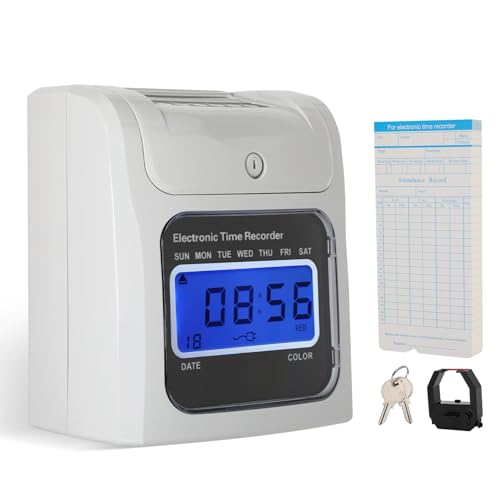METALBEE Time Clock for Employees Small Business, Auto-Align Punch Clock with 50 Time Cards, 2-Color Printing (Black/Red), Backlit LED Display, Attendance Machine for Office