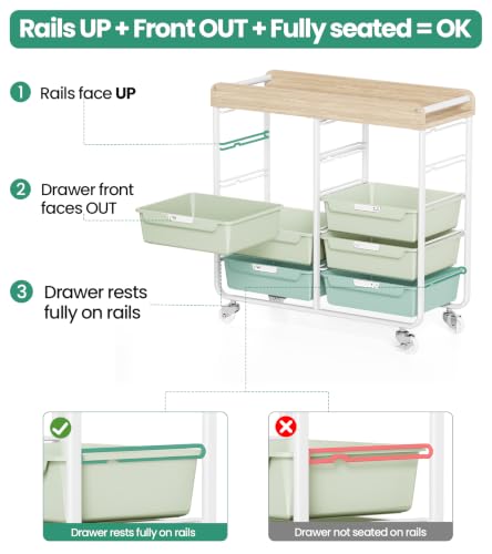 10 Drawer Rolling Storage Cart with Wood Top for Classroom Crafts Green