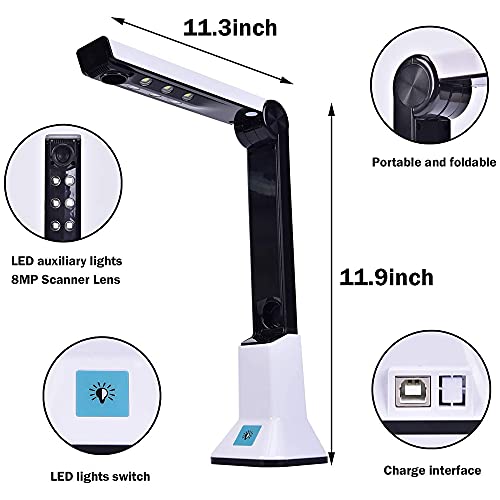 Hubceuo Document Camera for Teachers, Portable USB Document Camera Scanner with Stand 8MP HD A4 Format Cam Photo Scanner