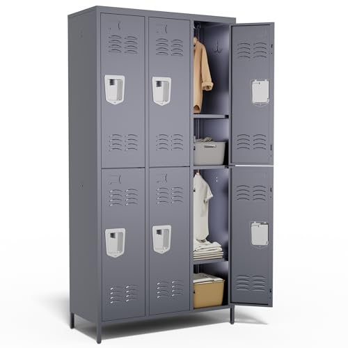 VIYET 6 Door Metal Lockers for Employees,6 Heavy-Duty Hooks,72" Secure Storage for Home,Offices,Schools & Gyms | Gray