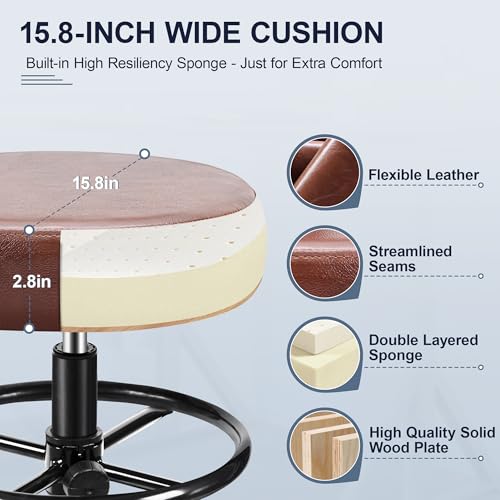 Brick Attic Drafting Chair with Backrest – Adjustable Foot Rest Rolling Stool with Wheels, PU Leather Swivel Stool for Office Spa Studio Lab Counter Salon Home Work Bar Kitchen Shop(Ember Brown)