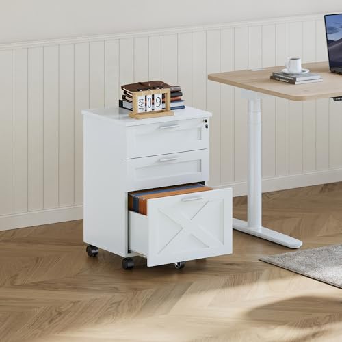 FinerFurnis Secure 3-Drawer Wood File Cabinet with Lock, Mobile Under Desk Filing Cabinet, Rolling Printer Stand for Letter/Legal/A4, White