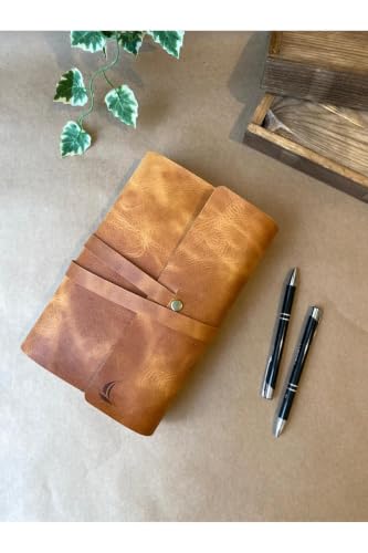 Handmade Genuine Leather Book/Journal/Planner Cover - A5 Size - Adjustable Fit - Includes Free Book - Durable Stitched Design - Camel Color - Appropriate Gift for Readers and Writers