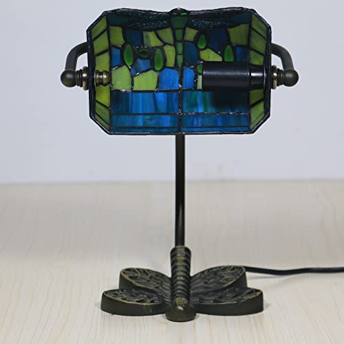 Banker Lamp Tiffany Desk Lamp Green Orange Dragonfly Stained Glass Desk Lamp, Adjustable Top Luxury Memory Piano Lamp, for Library Use