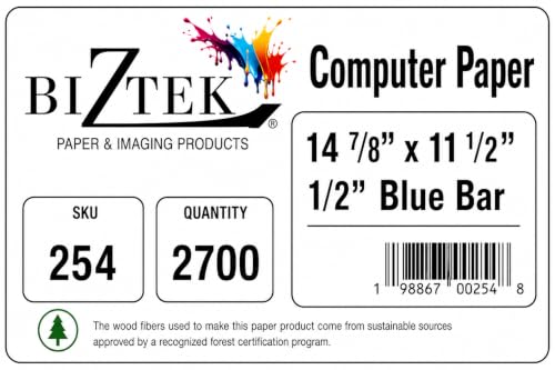 BIZTEK Continuous Computer Paper, 14 7/8 x 11, 1-Part, 92 Bright, 20 lb, 1/2" Blue Bar | 2,700 Sheet Carton