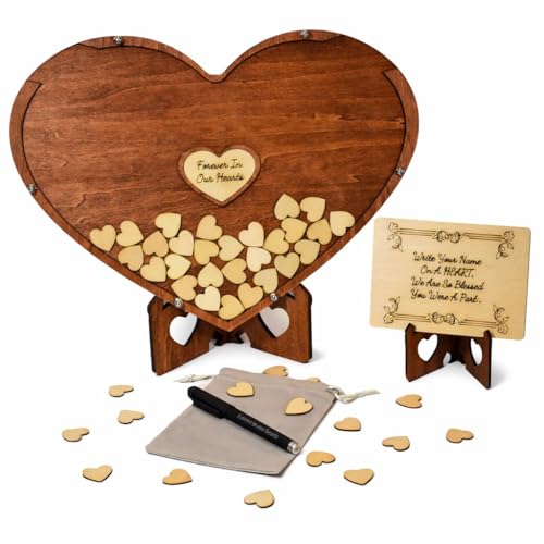 WOW Laser Designs Wooden Heart Memorial Guest Book Alternative, Featuring-Forever in Our Hearts, Signing Hearts with Display Stand (135 Trinkets)
