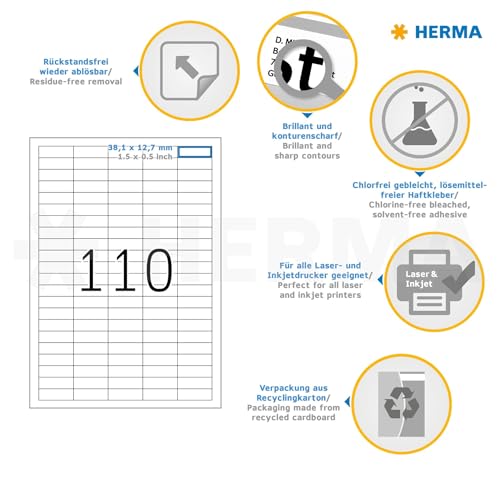 HERMA Self Adhesive Removable Multi-Purpose Labels, 110 Labels Per A4 Sheet, 2750 Labels for Printers, Small, 38.1 x 12.7 mm (4210)