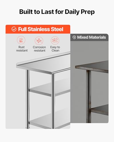 VEVOR Stainless Steel Work Table, 24x48 Inch Food Prep Table with 2 Shelves and Backsplash, Commercial Kitchen Workstation, Metal Heavy Duty Utility Worktable, for Restaurant Home Hotel Garage Outdoor