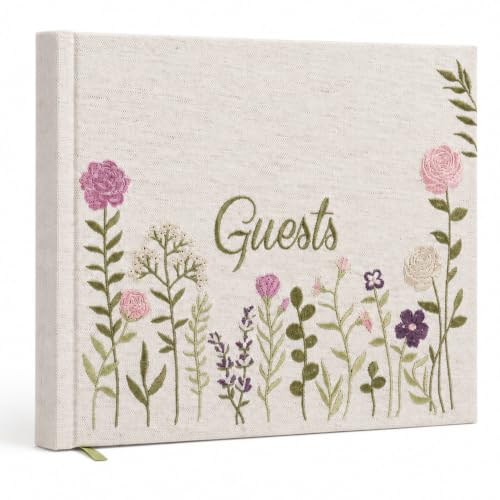 Linen Floral Embroidered Photo Wedding Guest Book - Pink Guestbook to Sign