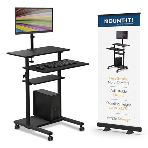 Mount-It! Mobile Computer Cart with Monitor Mount for Screen up to 32", Portable Desk on Wheels, Rolling Laptop Stand for Teachers, Office, Classroom, Rise up to 53", Podium, Keyboard Tray, Black