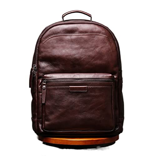 Leather Men Backpack 14 Inch Laptop Travel School Male Brown Cowhide