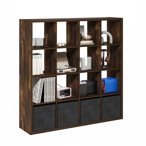 Furinno Cubicle 16-Cube Book Shelf, Extra Thick Frame Bookshelf, Amber Pine